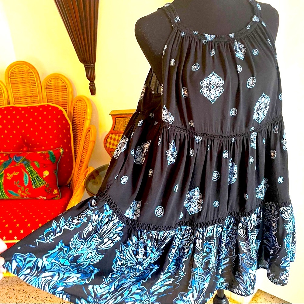 Free People Black & Blue Swing Tiered Sundress or Top or Coverup! Very good
